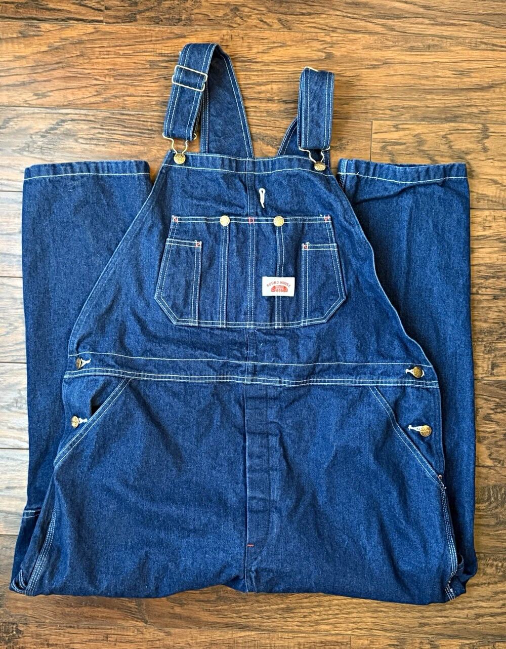 Round House Denim Bib Overalls Tag 38x30 Measures 42x27 Dark Wash Blue Workwear